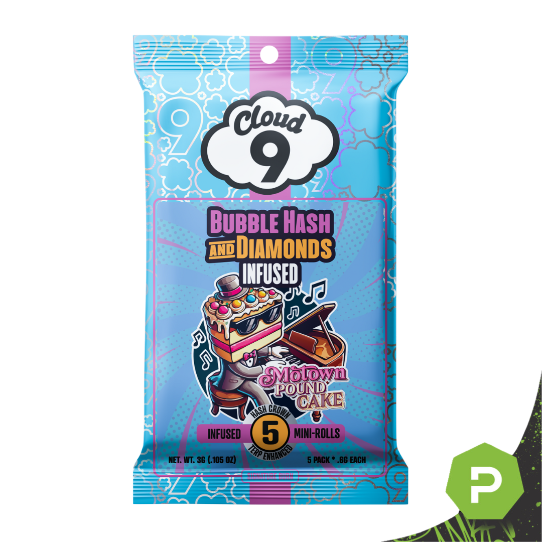 Photograph of product: Cloud 9 | 0.6g x 5 Infused Bubble au chocolat & Diamonds Pre-Rolls | Motown Pound Cake