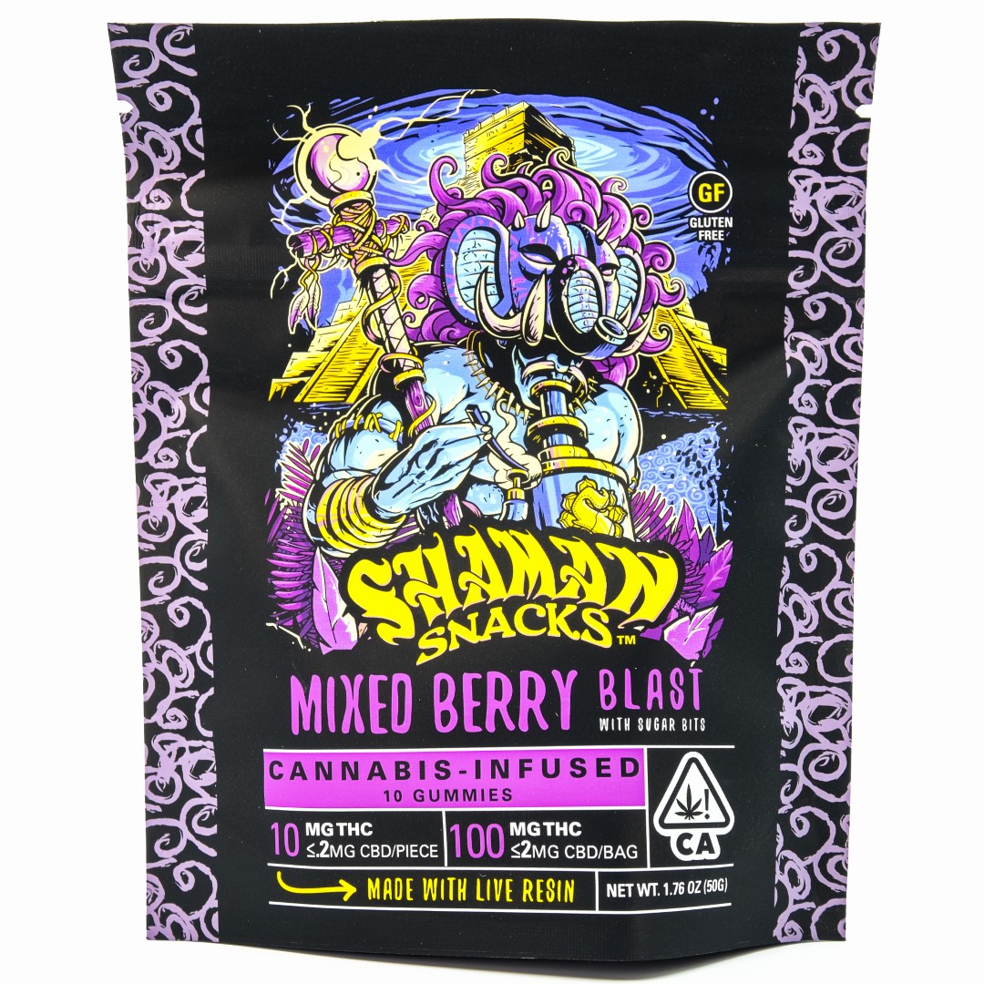 Photograph of product: Mixed Berry Blast with Sugar Bits 100mg 10 Pack Live Resin Gummies - Shaman Extracts