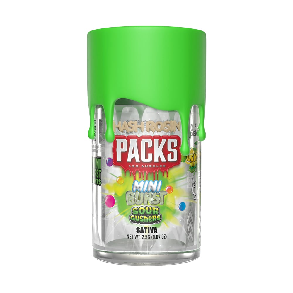 Photograph of product: Packs: Mini Bursts Sour Gusher/Lemon/Lime Burst (Oui'd) Rosin Infused 5 Pack Joints