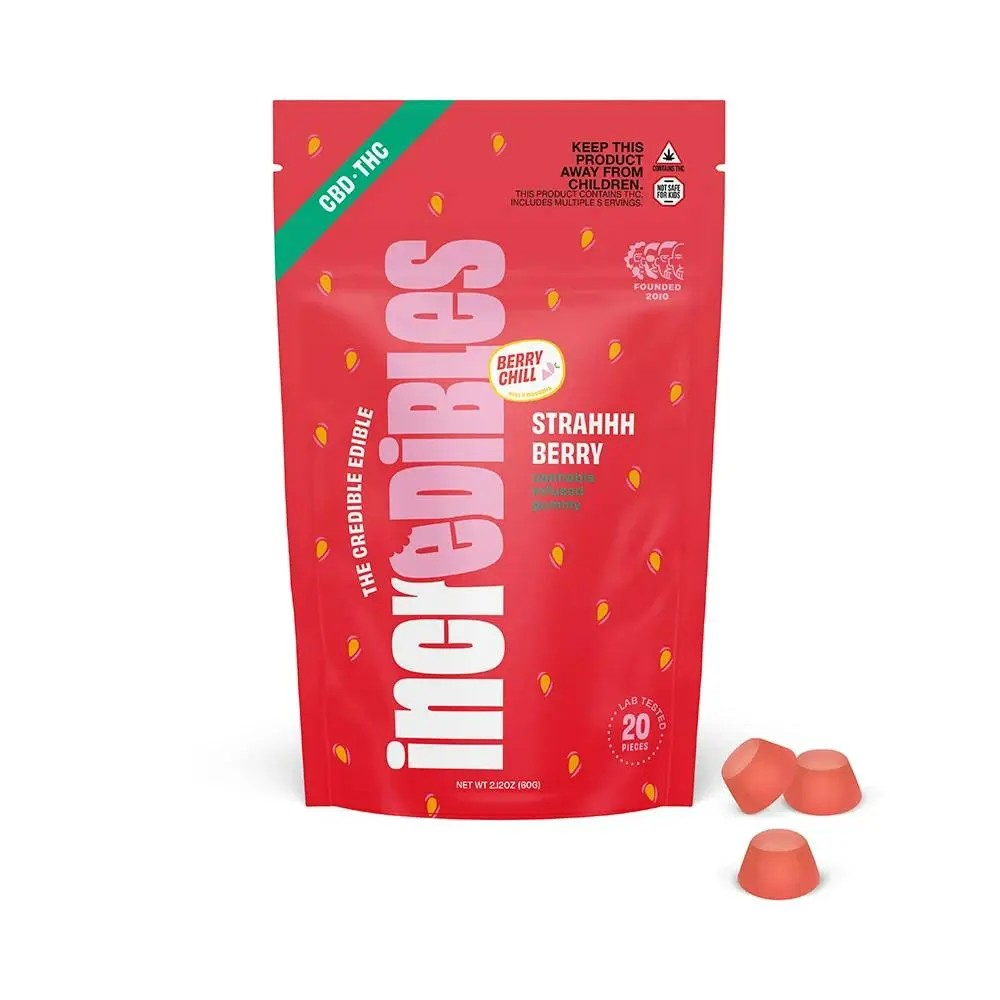 Photograph of product: Incredibles | Strahhhberry | Edibles | 1:1 CBD:TH-oui | 10pk | 100mg