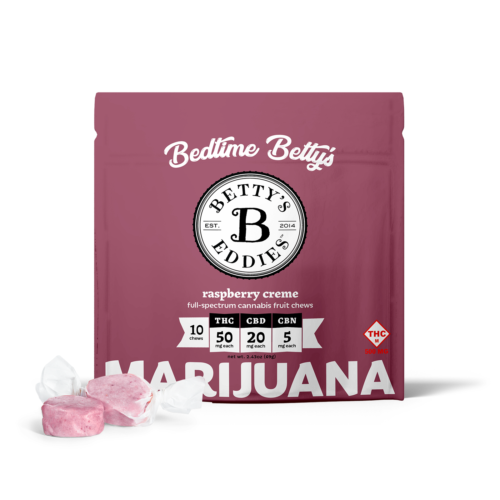 Photograph of product: BETTY'S EDDIES - CHEWS - 500MG TH-oui / 200MG CBD / 50MG CBN - 10PK - BEDTIME BETTY'S - RASPBERRY CREME