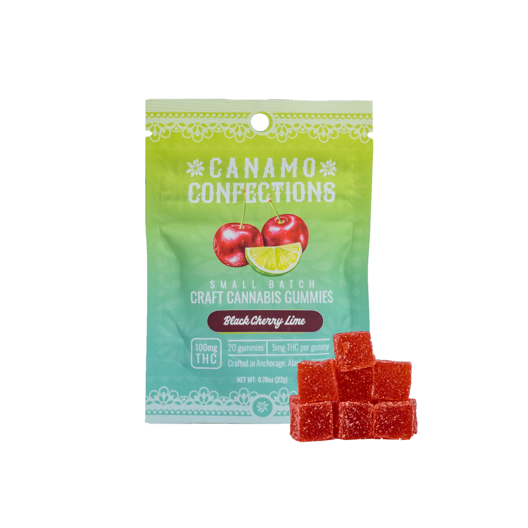 Photograph of product: Canamo Gummies - Black Cherry Lime 100mg, 20pk