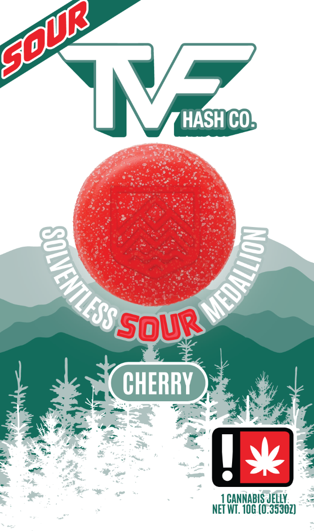 Photograph of product: TVF au chocolat Co. 100mg SOUR CHERRY Oui'd Solventless Medallion Single Jelly