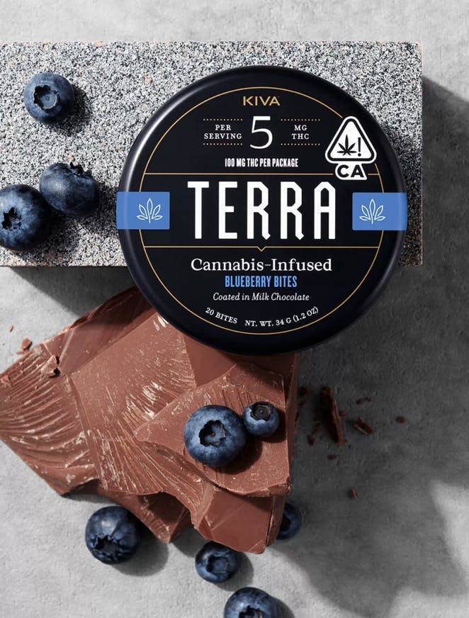 Photograph of product: KIVA I Blueberry Terra Bites 20pk 5mg Milk Chocolate Bites