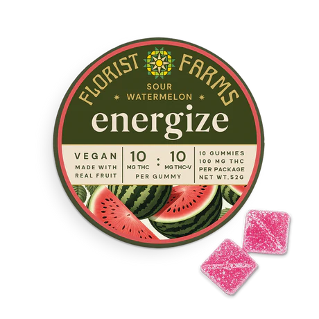 Photograph of product: Florist Farms | Sour Watermelon | Energize | 1:1 TH-oui:TH-oui-V | 10pk Gummies | 100mg