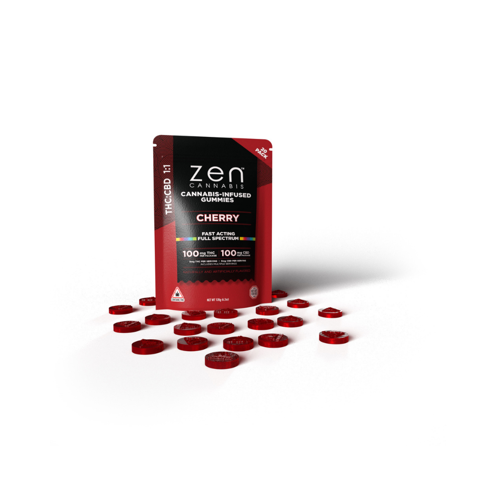 Photograph of product: Zen Gummy | Fast Acting | Full Spectrum | Cherry 1:1 5mg 20pk