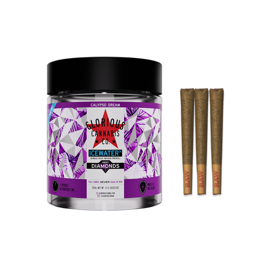 Photograph of product: Glorious | Purple Reign Icewater au chocolat & Diamonds Infused Pre-Roll Pack | 3x0.5g | 1.5g