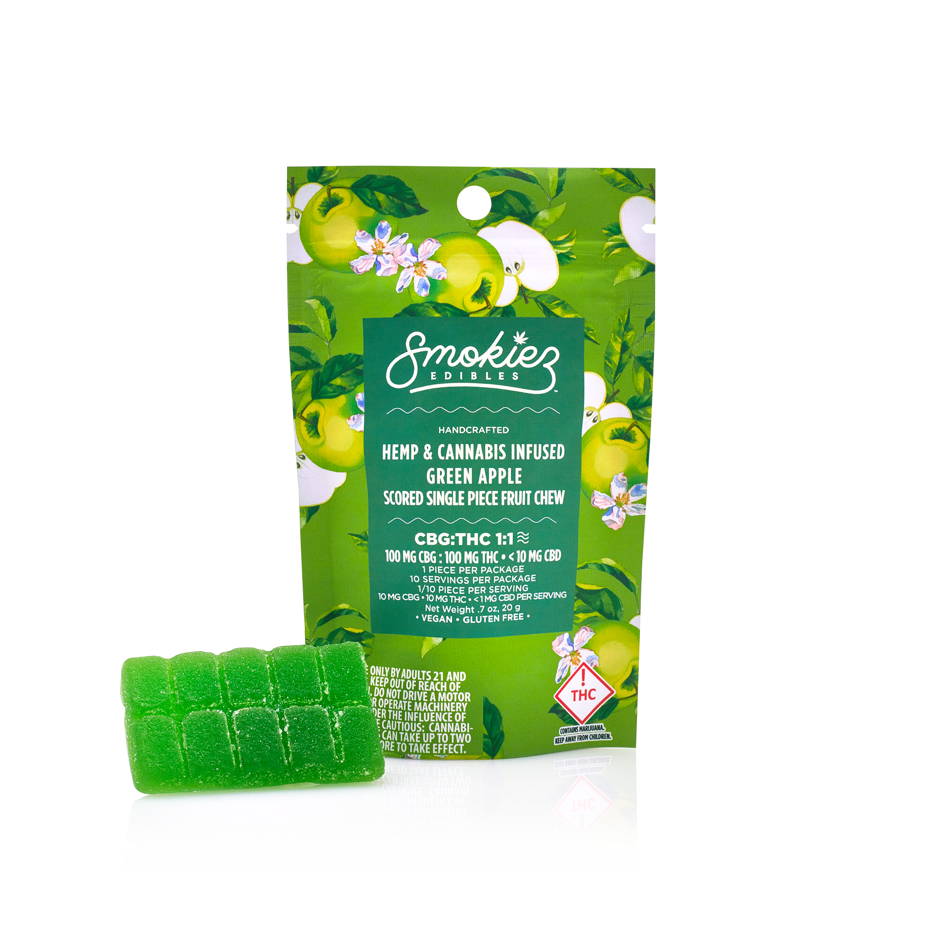 Photograph of product: Smokiez | Sweet Green Apple 1:1 TH-oui:CBG Single Gummy | 100mg
