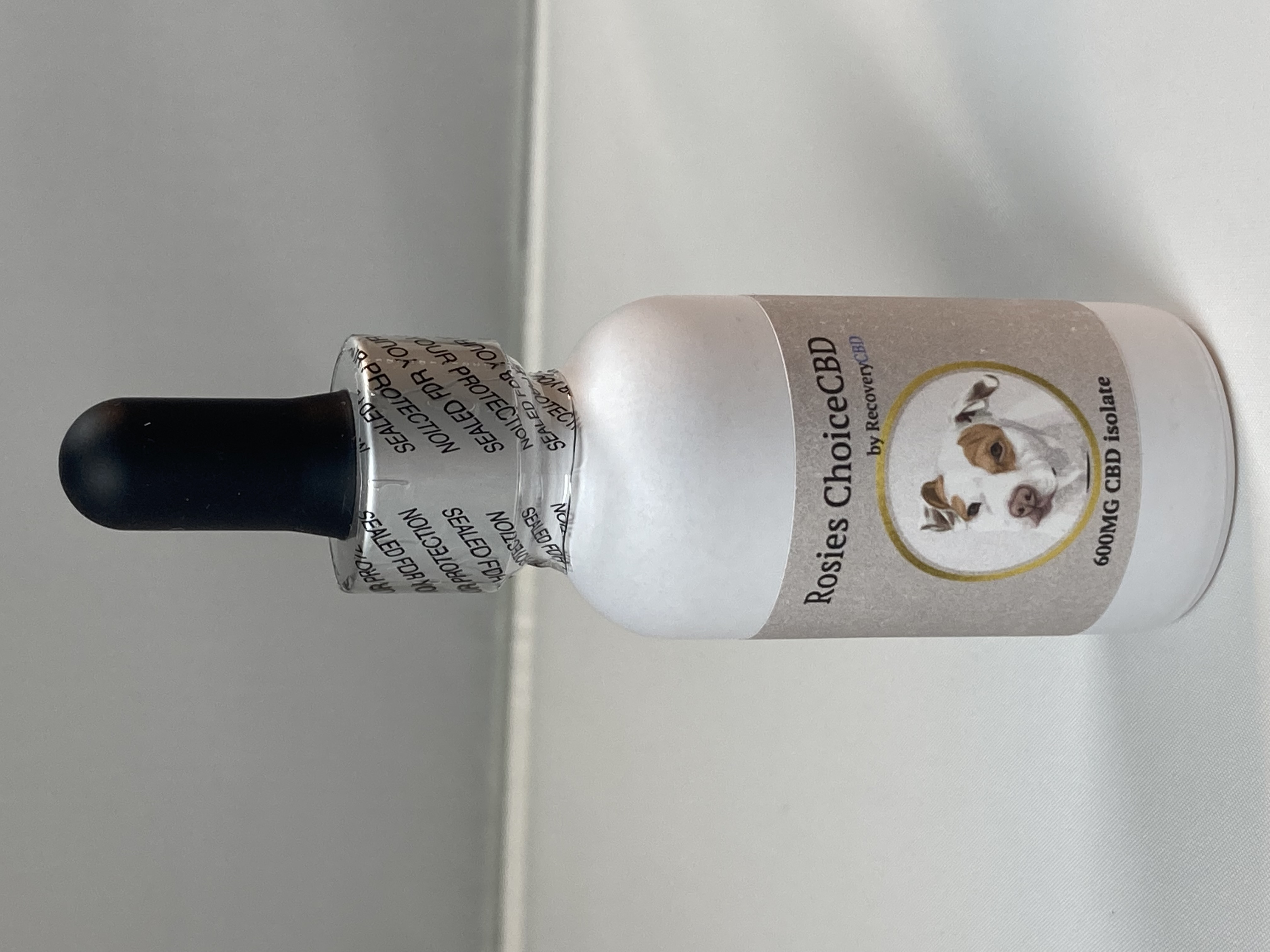 Photograph of product: Dog Tincture. Rosies Choice CBD. 600mg CBD. Recovery CBD