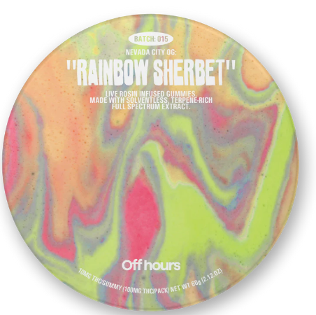Photograph of product: Off Hours | Nevada City OG (Rainbow Sherbet) | Live Rosin Edible | 10pk