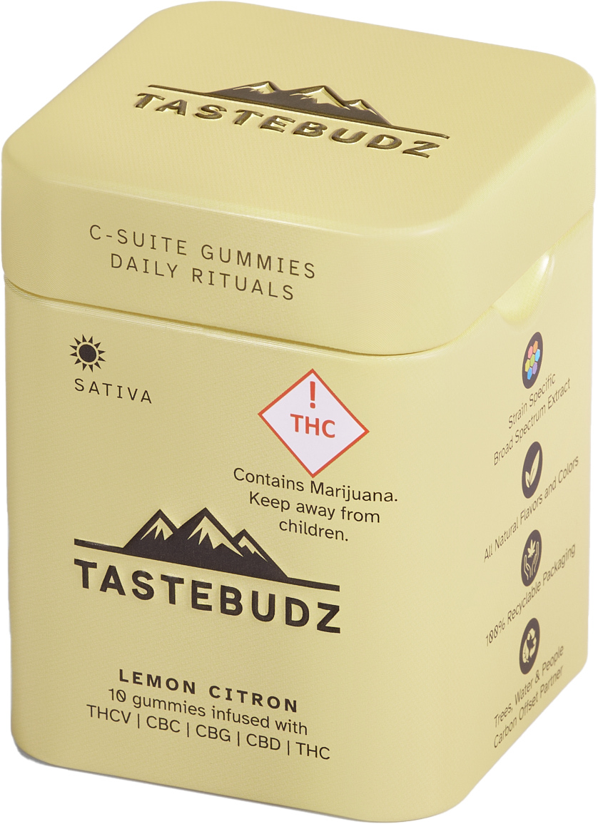 Photograph of product: Tastebudz | Gummies | Oui'd | Lemon Citron | 1:1:1 TH-ouiV:CBC:CBG:CBD:TH-oui | 40mg