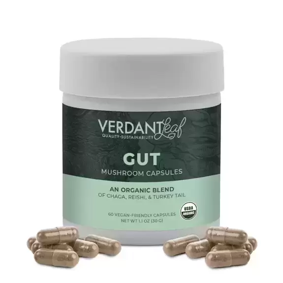 Photograph of product: Gut - 60 Functional Mushroom Capsules (Chaga + Reishi + Turkey Tail) - Verdant Leaf