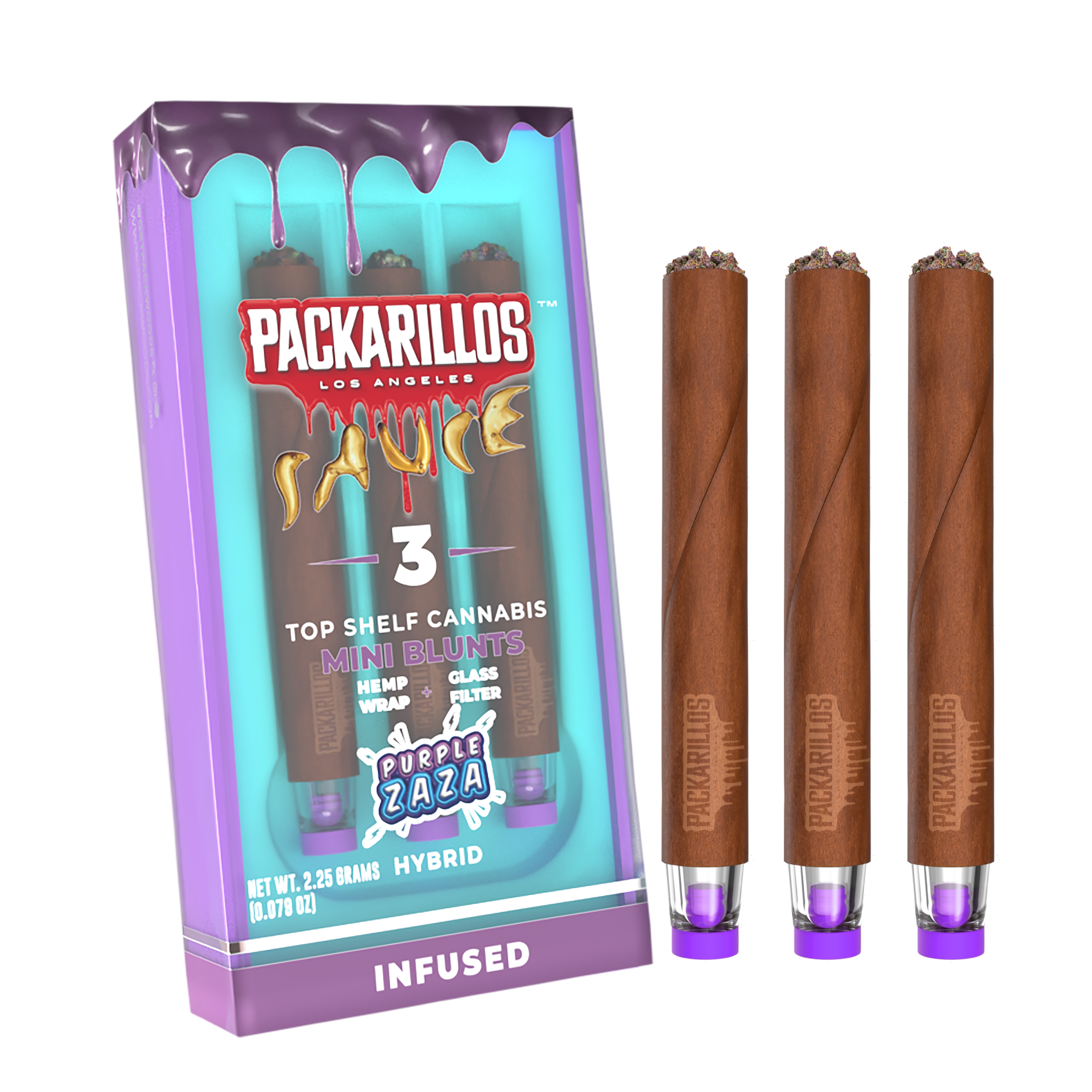 Photograph of product: PURPLE ZAZA | Packarillos - 3 Pack Infused Mini Blunts | 2.25g