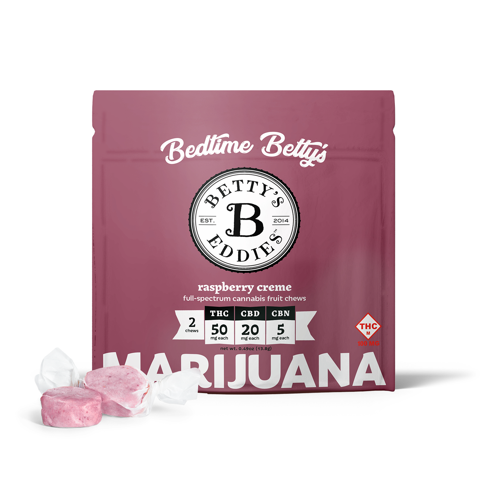 Photograph of Product: Raspberry Creme | 50mg:THC 20mg:CBD 5mg:CBN | 2pk | Fruit Chews | Betty's Eddies