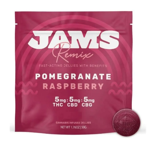 Photograph of product: JAMS Remix Raspberry Pomegranate Gummies | T92.8mg CBG94mg CBD100mg | 00933 | 20pk