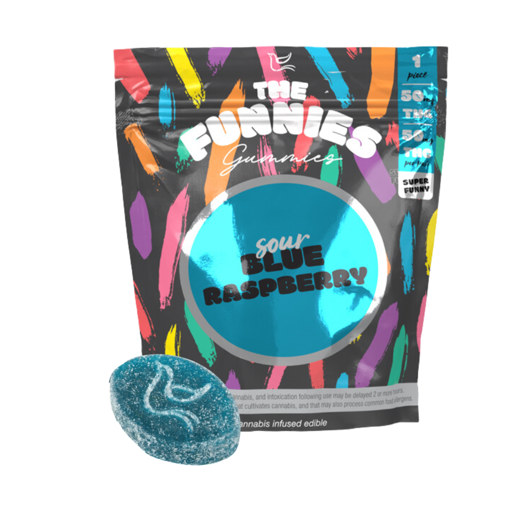 Photograph of product: Super Funny Sour Blue Raspberry | 50mg | 1pk Gummy | The Funnies Gummies