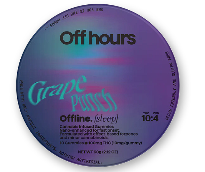 Photograph of product: Off Hours Offline Grape Punch 10:4 TH-oui:CBN sleep Gummies 100mg