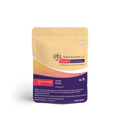 Photograph of product: Blood Orange Balance Dragonbites | 1:1 TH-oui:CBD | 400mg 20pk