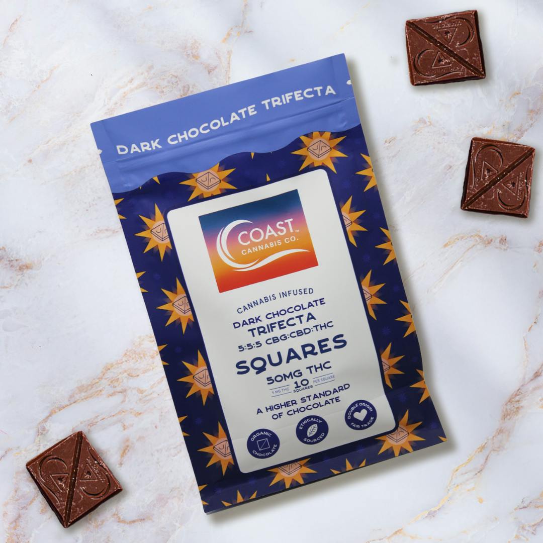 Photograph of product: Coast Dark Chocolate Trifecta Square (H) 5:5:5 TH-oui:CBD:CBG 5mg 10pc