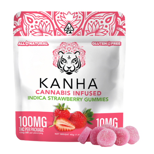 Photograph of product: STRAWBERRY GUMMIES 10 PACK 100MG
