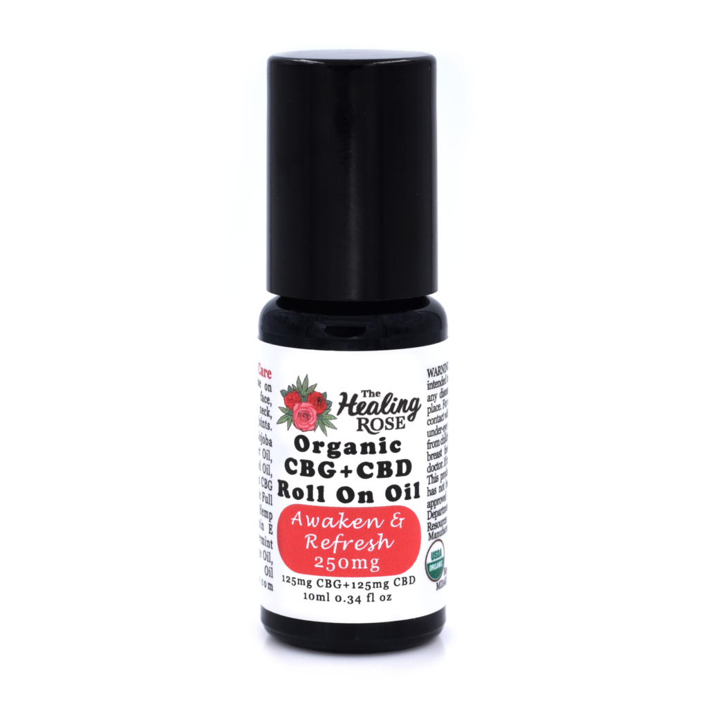 Photograph of product: Healing Rose | Organic Awaken and Refresh CBG + CBD Roll-On Oil