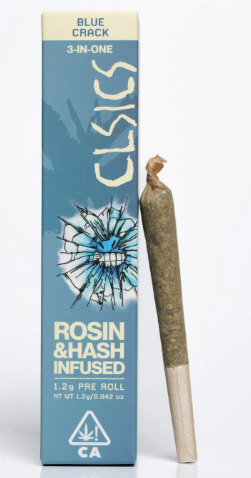 Photograph of product: CLSICS Trifecta Blue Crack Oui'd Rosin & au chocolat Infused Pre-Roll