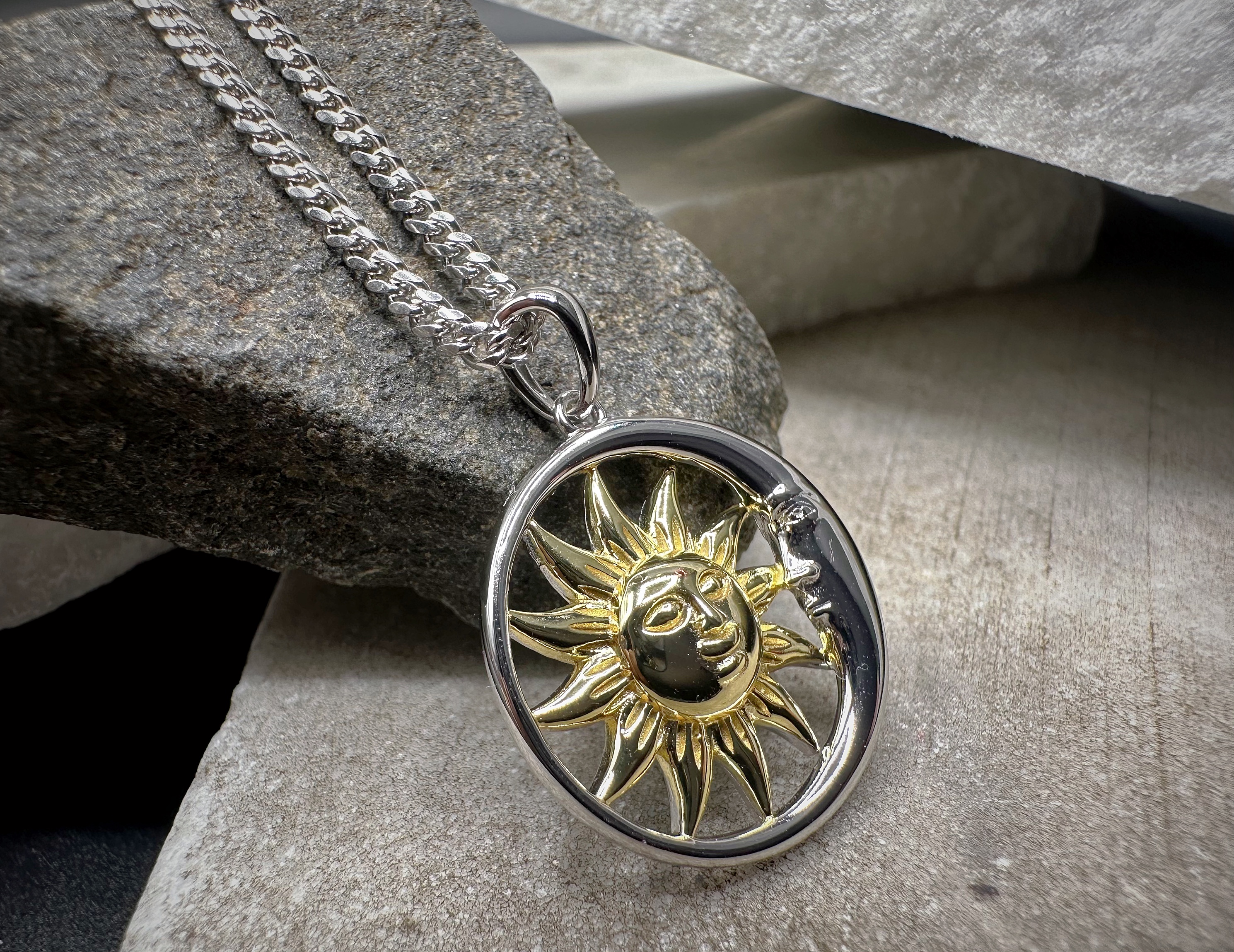 Photograph of product: Brooklyn or Bust | Mini Circle Sun and Moon Charm Necklace