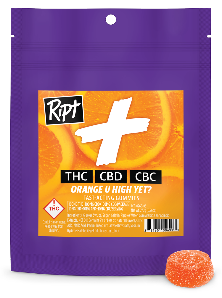 Photograph of product: Ript PLUS Orange U High Yet Gummies 1:1:1 TH-oui:CBD:CBC