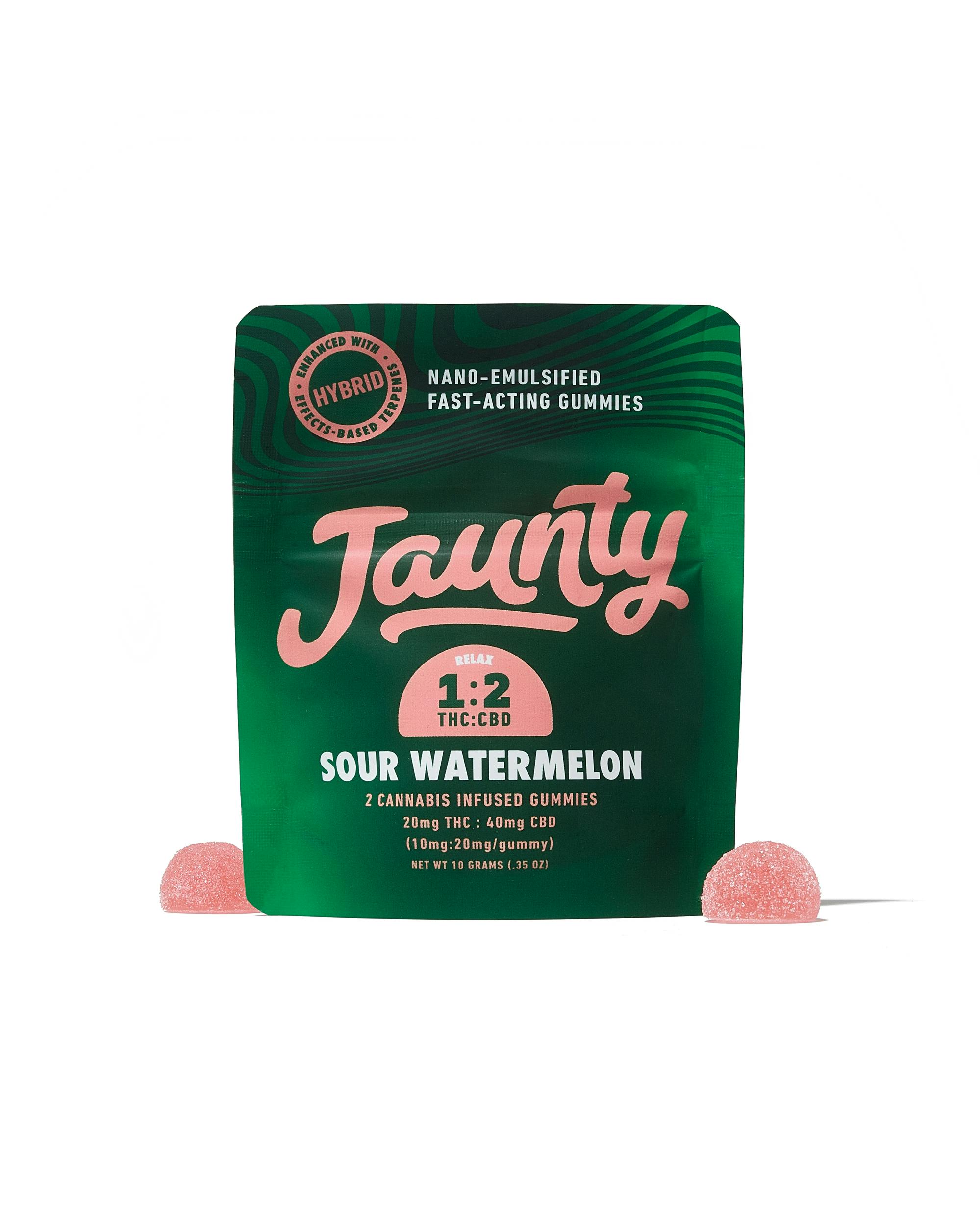 Photograph of product: Jaunty- Sour Watermelon Gummies-2 Pack Edibles- 20mg- 1:2 TH-oui:CBD