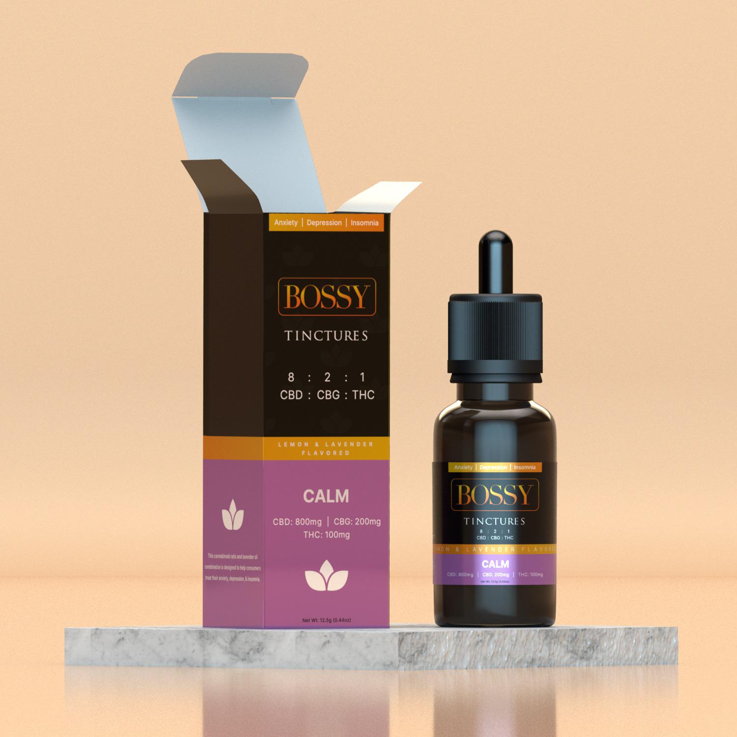 Photograph of product: BOSSY DROPS | CALM 1:8:2 (100MG / TH-oui 800MG / CBD / 200MG CBG)