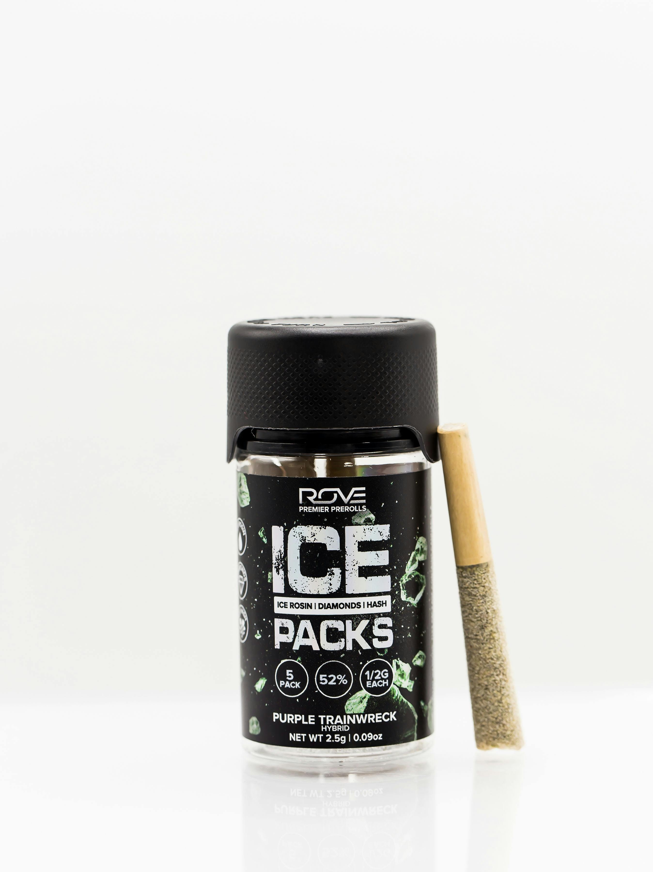 Photograph of product: Purple Trainwreck Ice Packs (5 Triple-Infused 0.5g Pre-Rolls)