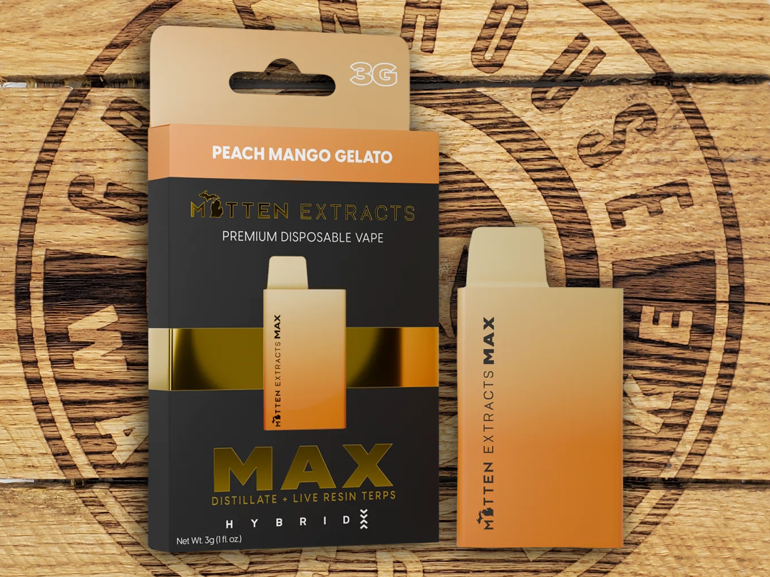 Photograph of product: Mitten Extracts | MAX Peach Mango Gelato | 3g AIO Cart