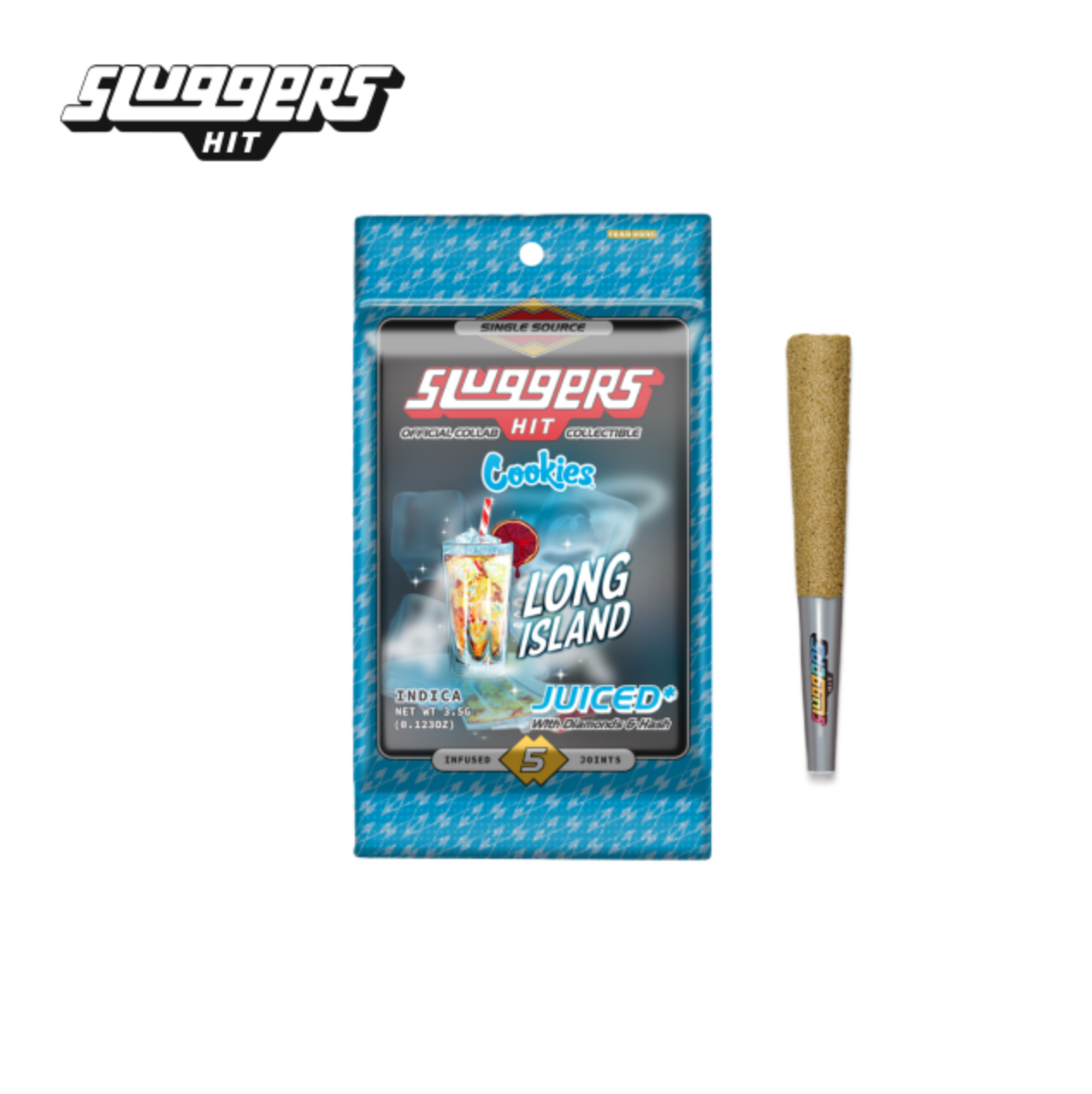 Photograph of product: SLUGGERS X COOKIES LONG ISLAND 3.5G INFUSED 5 PACK PREROLLS