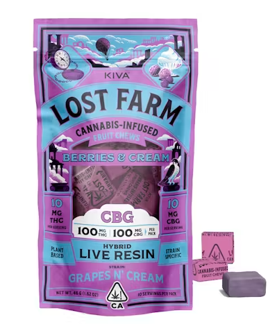Photograph of product: Kiva - Lost Farm Chews - Berries & Cream 10:10 CBG (Grapes N Cream)