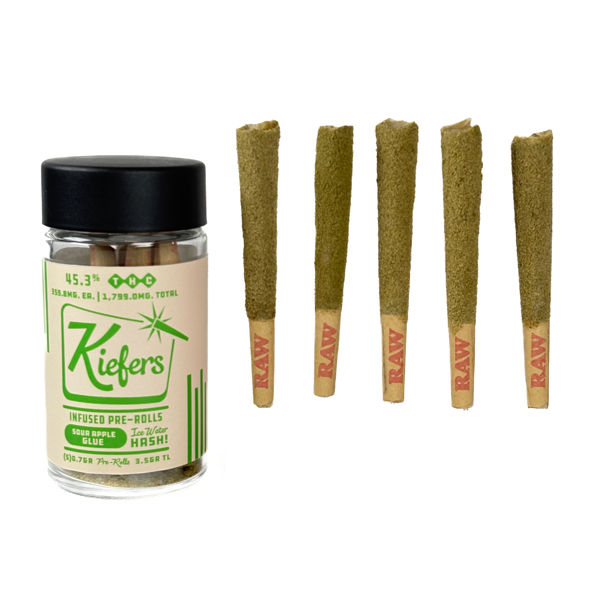 Photograph of product: Kiefers - Infused Pre-Roll Pack - Sour Apple Glue  (S) - 5 x