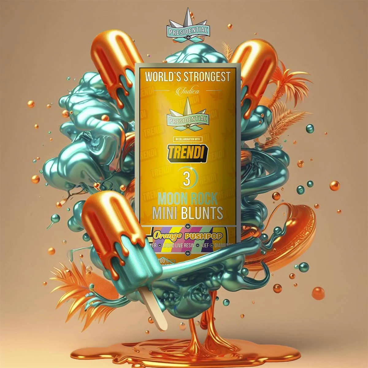 Photograph of product: Presidential x Trendi - Orange Push Pop 3pk - Mini Moon Rock Blunt 2.1g