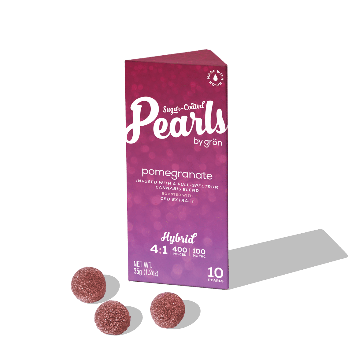 Photograph of product: GRN - PEARLS - GUMMIES ROSIN - 400MG CBD / 100MG TH-oui - 10PK - 4:1 POMEGRANATE - HYBRID
