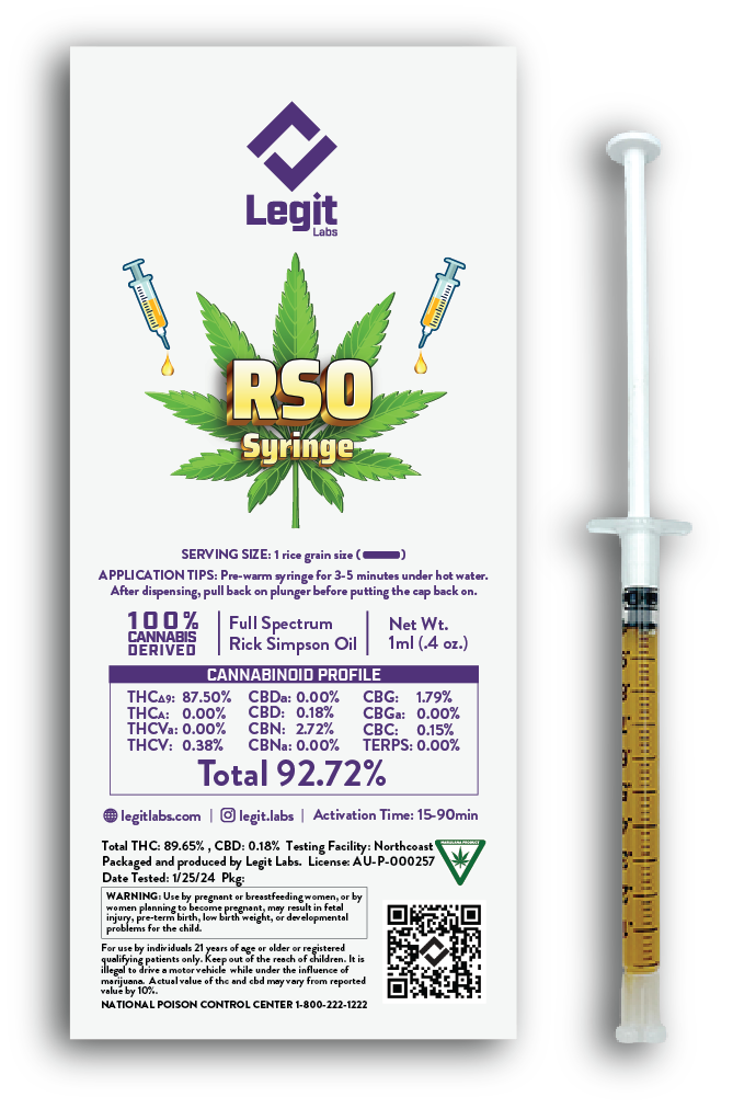 Photograph of product: Legit Labs | RSO 1:1 TH-oui/CBD Syringe