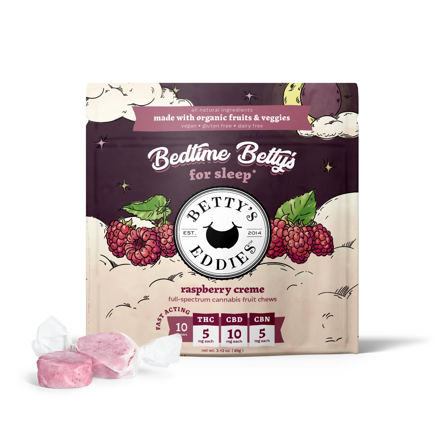 Photograph of product: Betty's Eddies - Raspberry Creme - 5mg Chews - CBN/TH-oui - Oui'd - 50mg