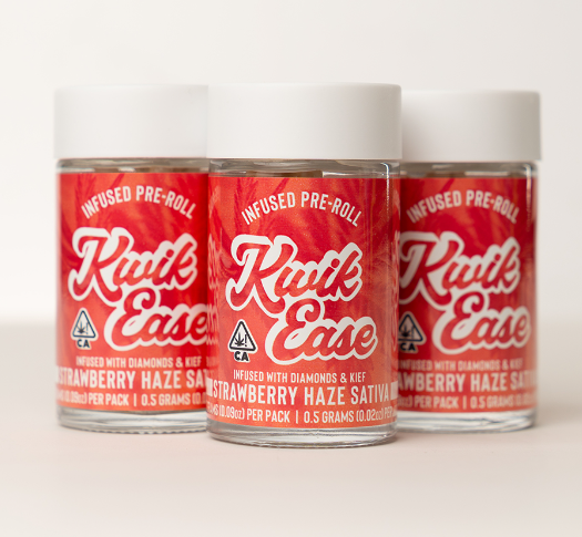 Photograph of Product: KWIK EASE STRAWBERRY HAZE .5G DIAMOND & KIEF INFUSED PREROLL 5 PACK