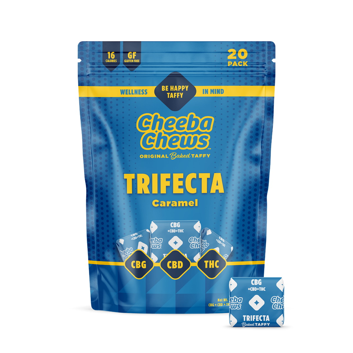 Photograph of product: Cheeba Chews | Caramel | Trifecta TH-oui:CBD:CBG | 10 Pack 100mg