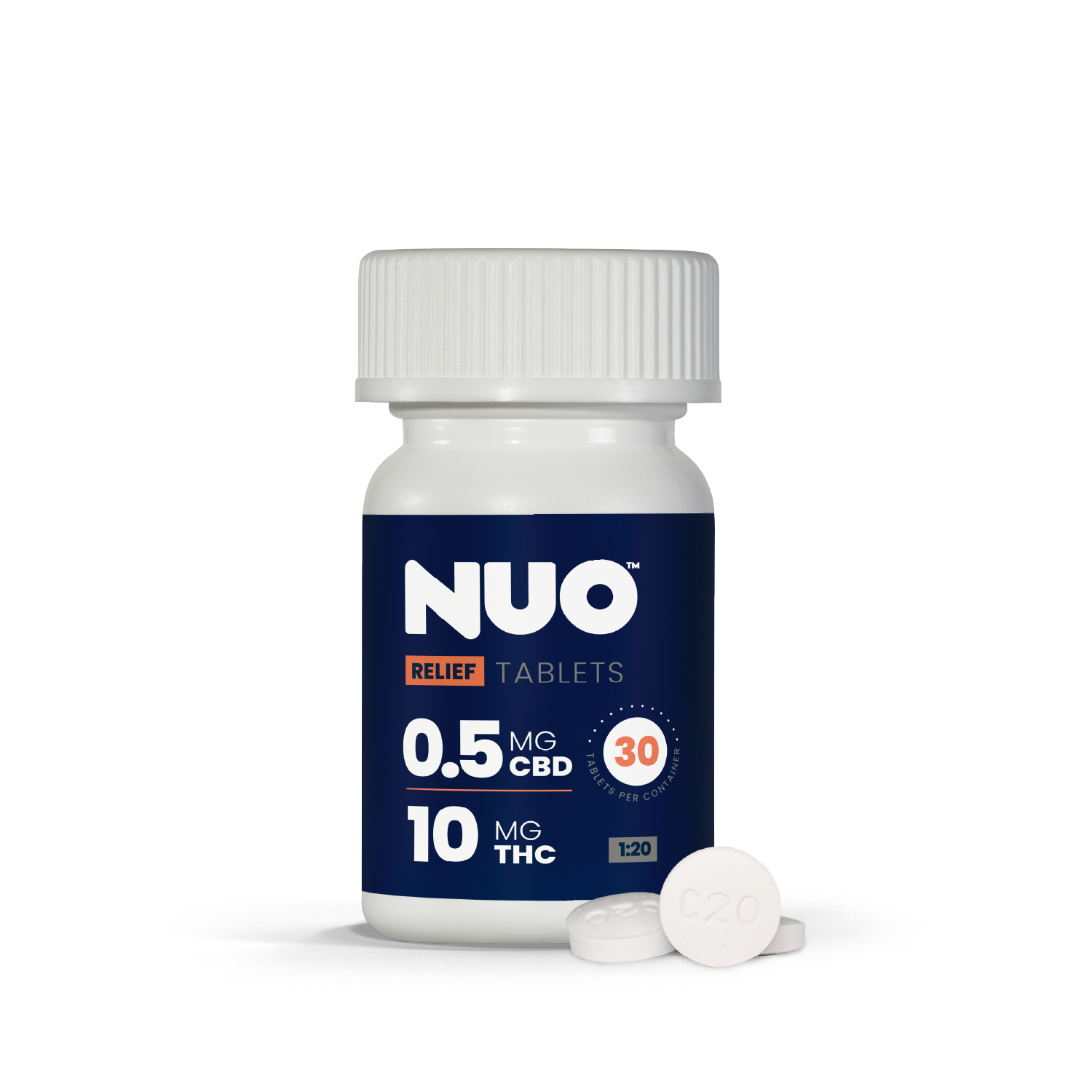 Photograph of product: NUO | Tablet | 1:20 (CBD 5 mg : TH-oui 100 mg) | 10 ct