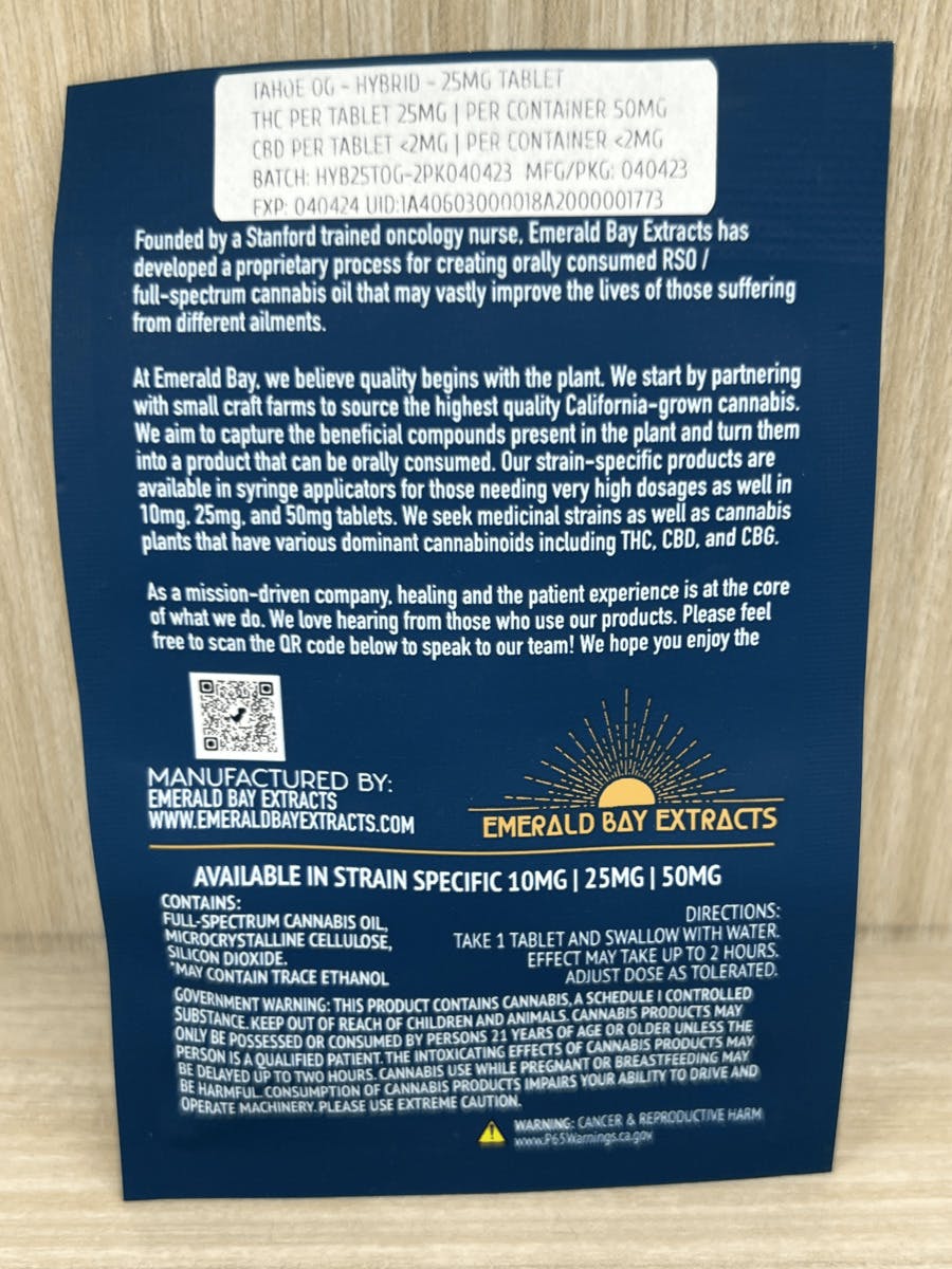 Photograph of product: Emerald Bay Tahoe OG 25mg RSO Tablet 2pack