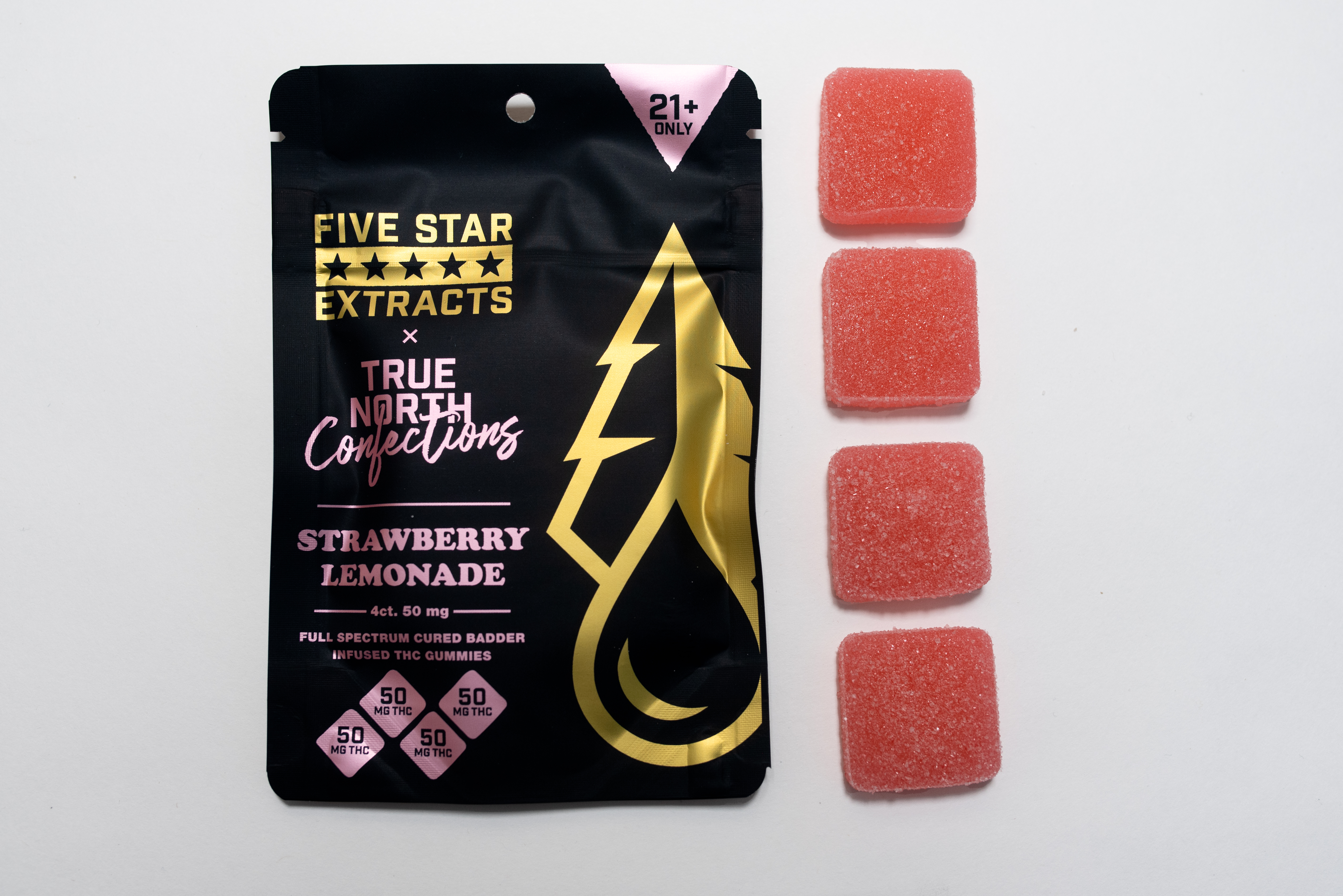 Photograph of product: Five Star Extracts X True North   4 X 50mg Full Spectrum Gummies   Strawberry Lemonade