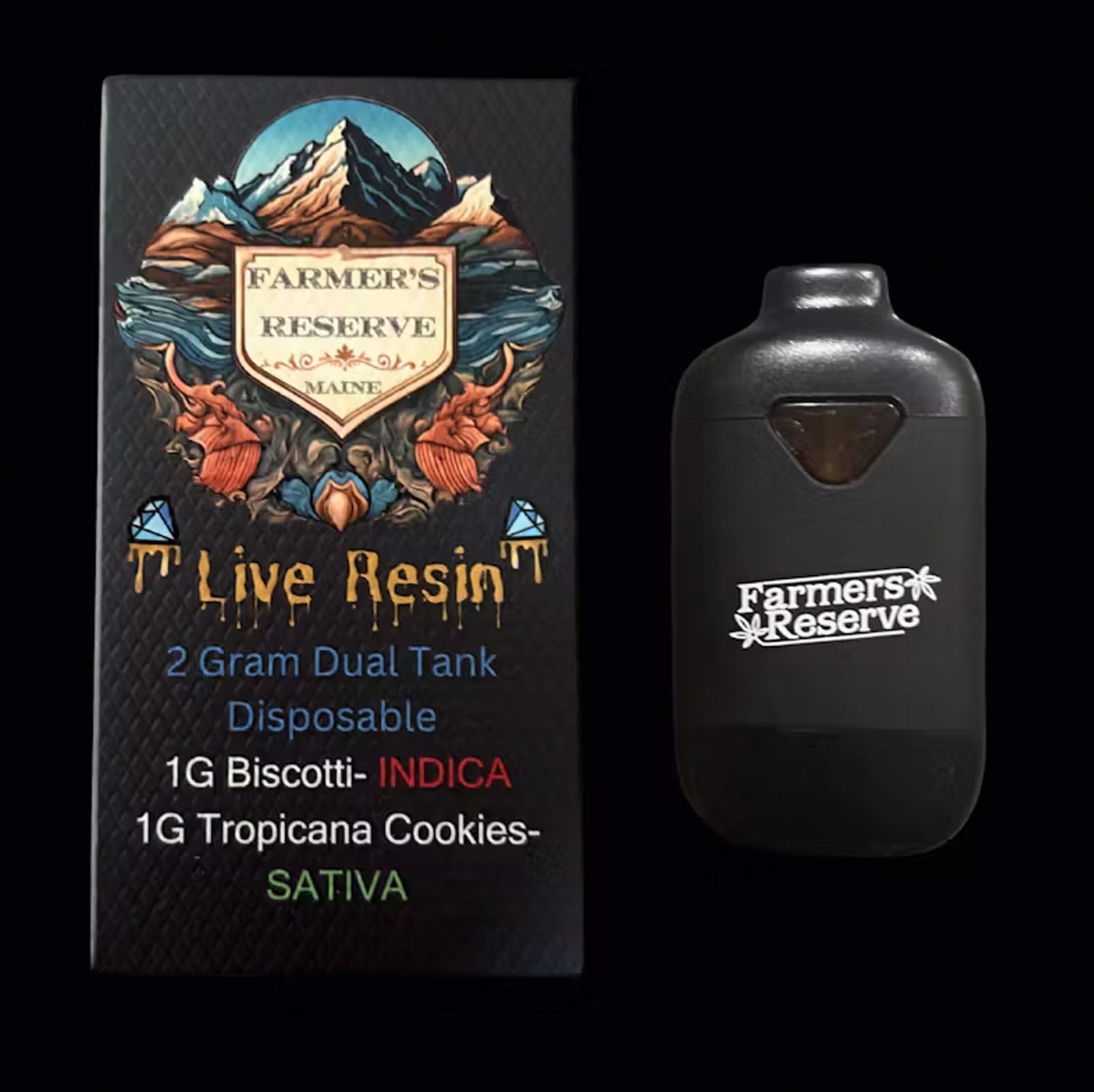 Photograph of product: Farmers Reserve Live Resin Dual Tank Disposable Cart. Biscotti / Tropicana Cookies 2 G