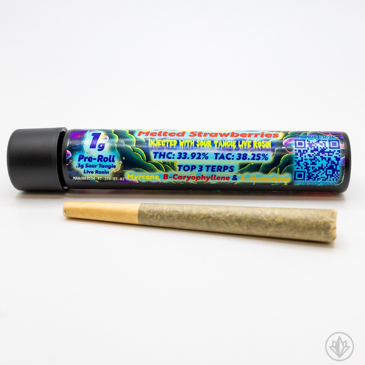 Photograph of product: Ridgetop Botanicals+ Sugarshack Melts | Melted Strawberries with Sour Tangie Rosin | 1.3 Gram | Infused Pre Roll