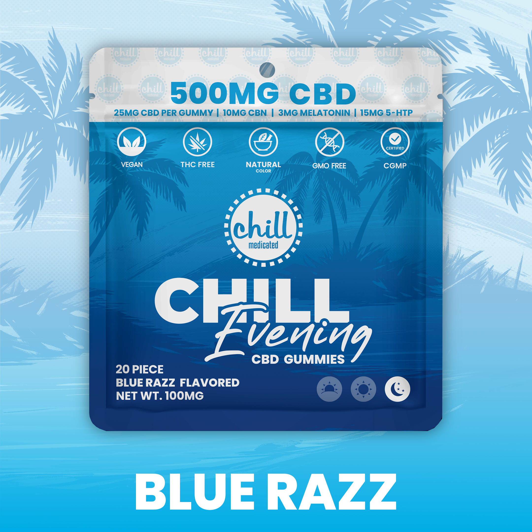 Photograph of product: Chill Medicated - 500mg CBD ALL-DAY Gummies - Blue Razz