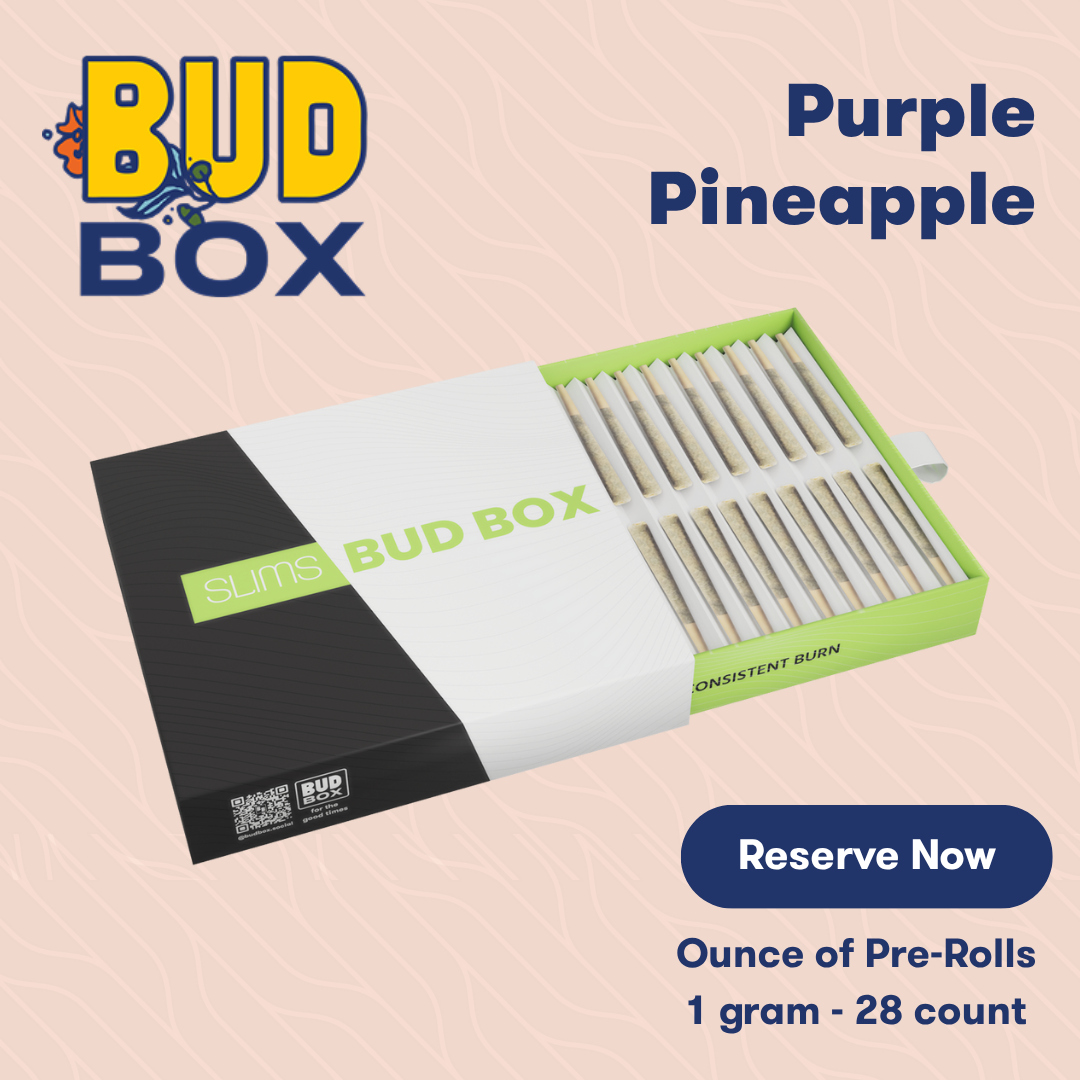Photograph of product: BUD BOX RESERVATION | Purple Pineapple | 1g | 28pk Pre-Rolls | Slims