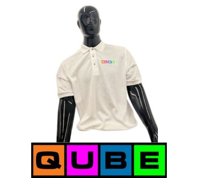 Photograph of product: Qube | White Polo Shirt | Color Logo | Medium