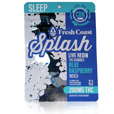 Photograph of product: SPLASH | 200MG LIVE RESIN GUMMIES| 2:1 TH-oui:CBN | BLUE RASPBERRY